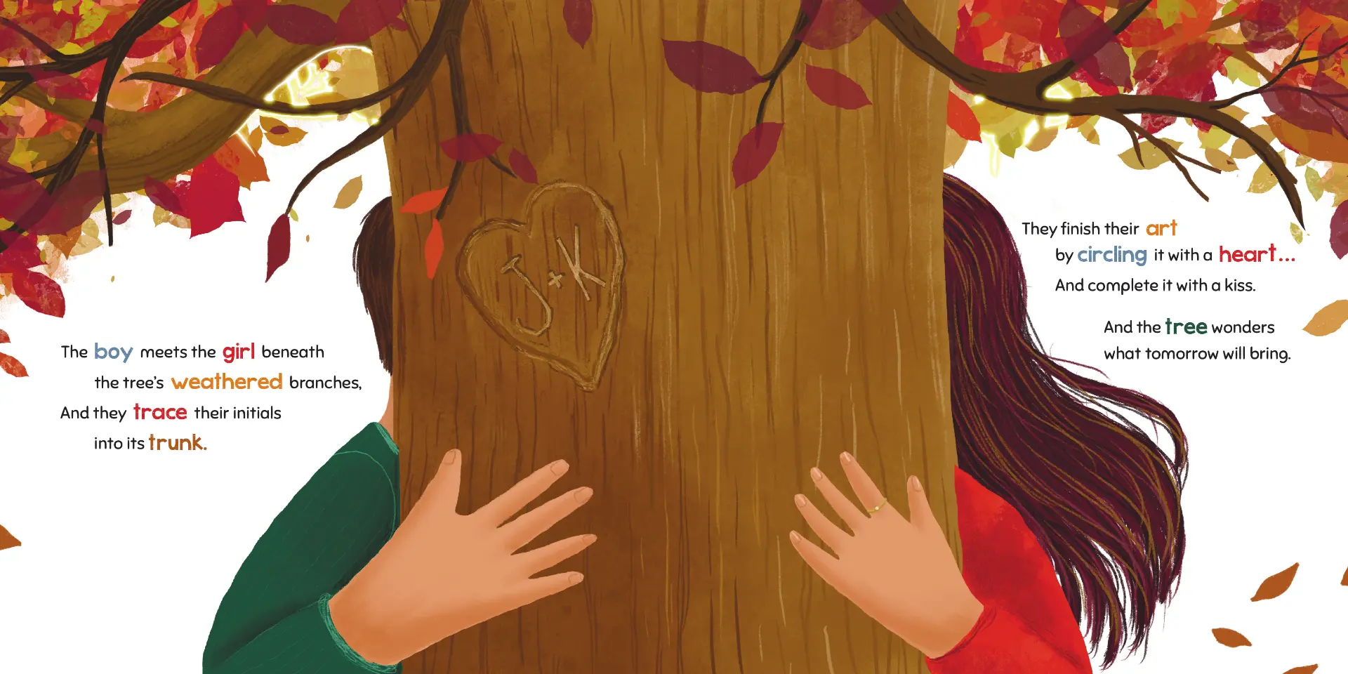 Illustration from The Tree That Watched Him Grow showing the boy and girl carving their initials into the tree