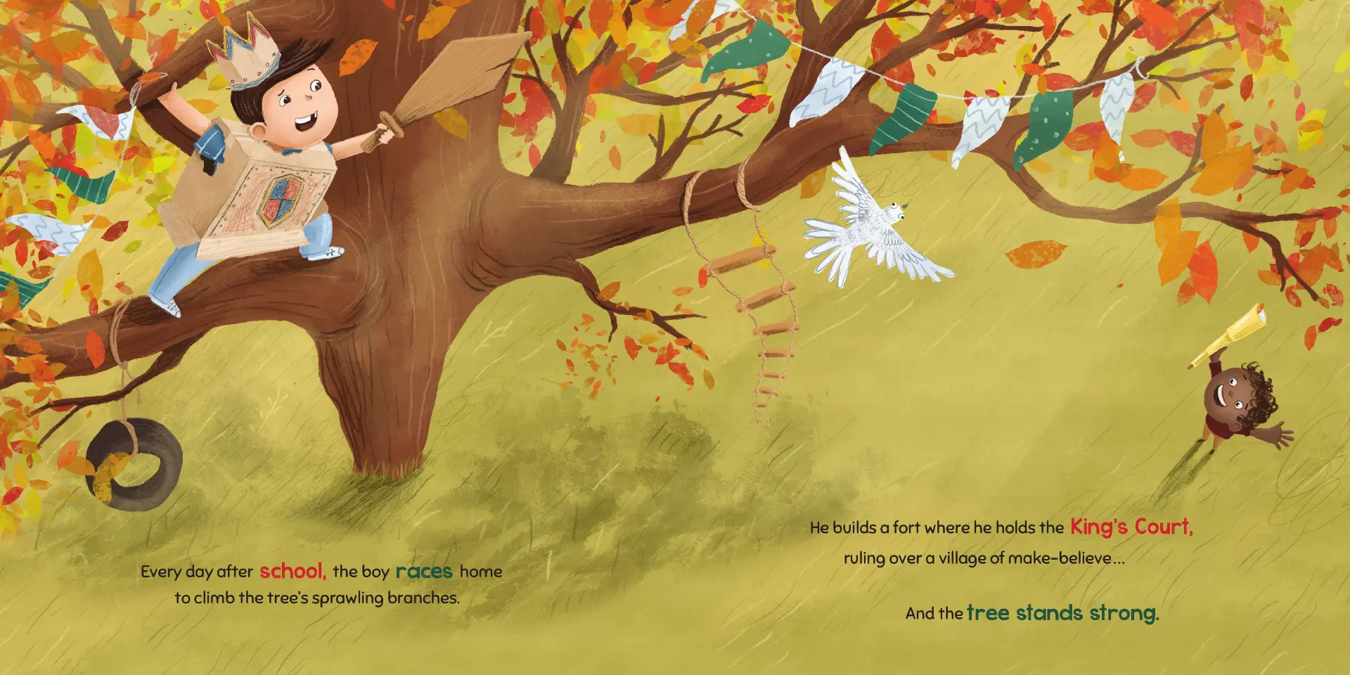 Illustration from The Tree That Watched Him Grow showing a boy playing make-believe in his childhood tree