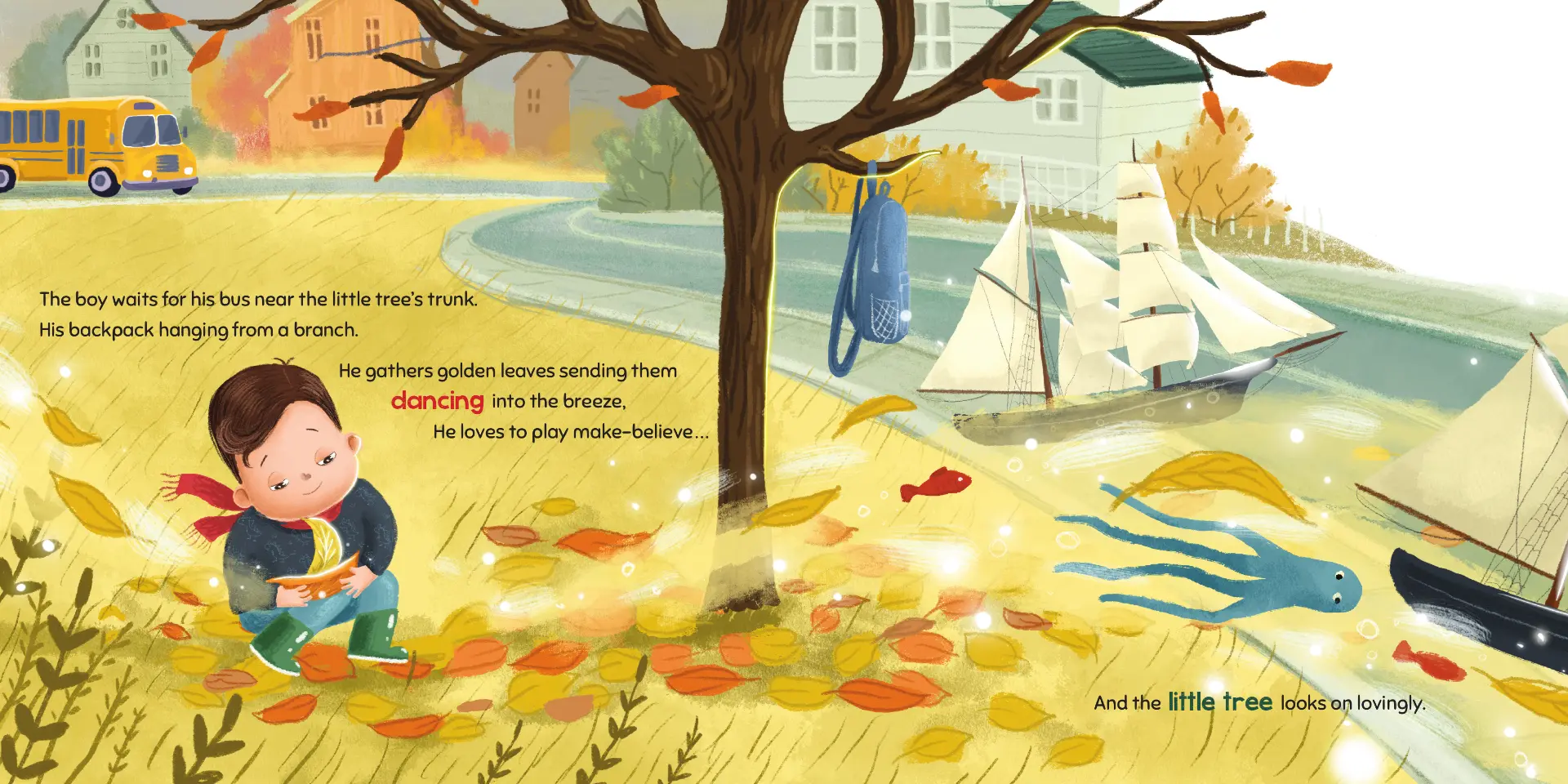Illustration from The Tree That Watched Him Grow showing a young boy playing in autumn leaves beneath his childhood tree